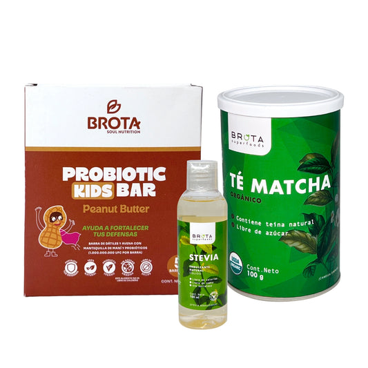 Regalo: 1 caja Probiotic Kids Bar Peanut Butter + 1 té matcha orgánico + 1 Stevia líquida