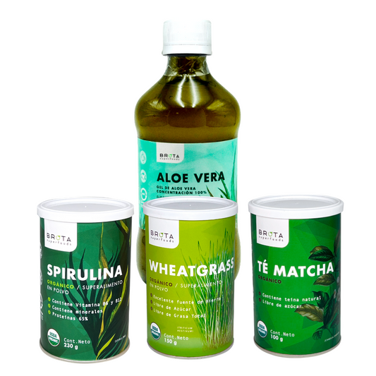 Pack Detox: Wheatgrass - Té matcha - Spirulina - Aloe vera 500 ml