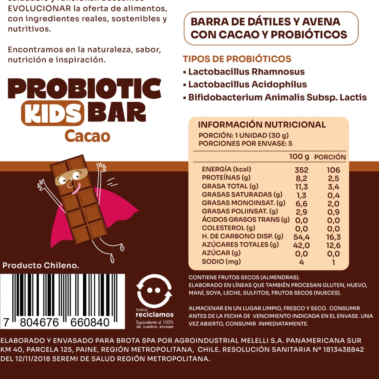 Brota - Kids Probiotic Bar - Cacao - 150 G - Estuche 5 Unidades