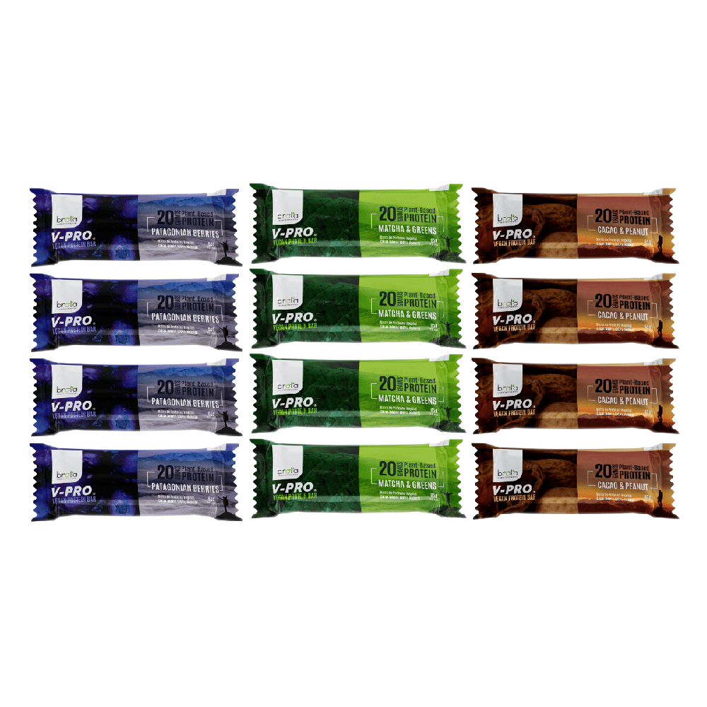 12 barritas veganas surtidas Patagonian Berries, Matcha & Greens y Cacao & Peanut